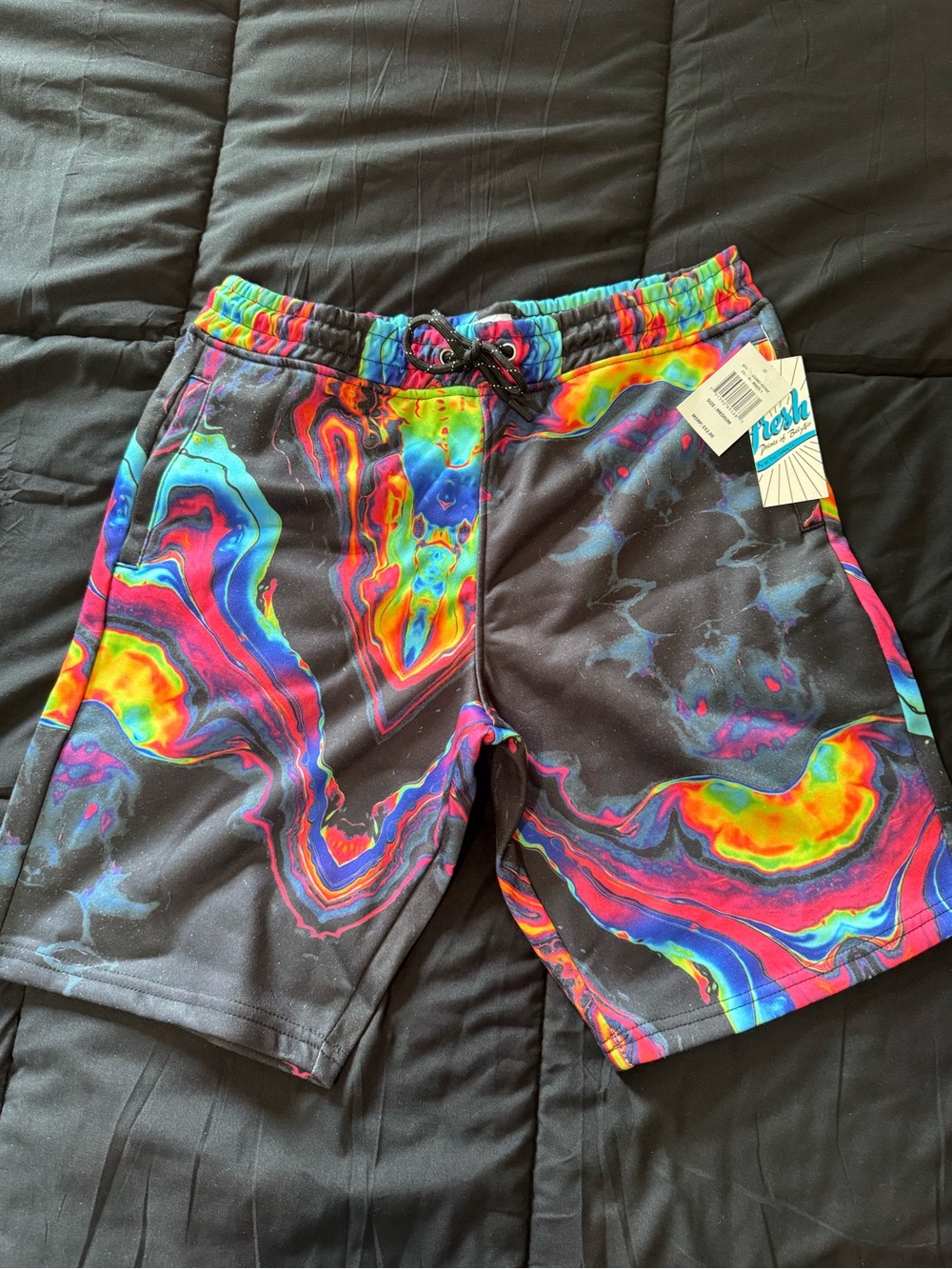 Roxy Men's Black Athletic Shorts with Neon Swirl Print
